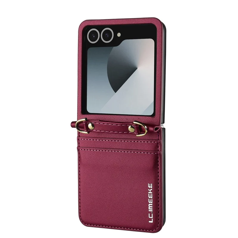 LC.IMEEKE L1 for Samsung Galaxy Z Flip8 Case Leather+PC Phone Cover with Straps Card Slots - Red
