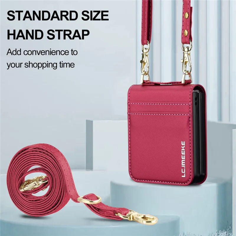 LC.IMEEKE L1 for Samsung Galaxy Z Flip8 Case Leather+PC Phone Cover with Straps Card Slots - Red