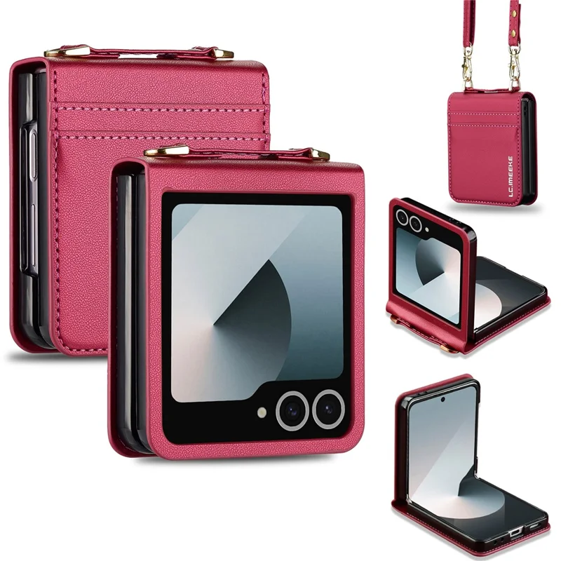 LC.IMEEKE L1 for Samsung Galaxy Z Flip8 Case Leather+PC Phone Cover with Straps Card Slots - Red