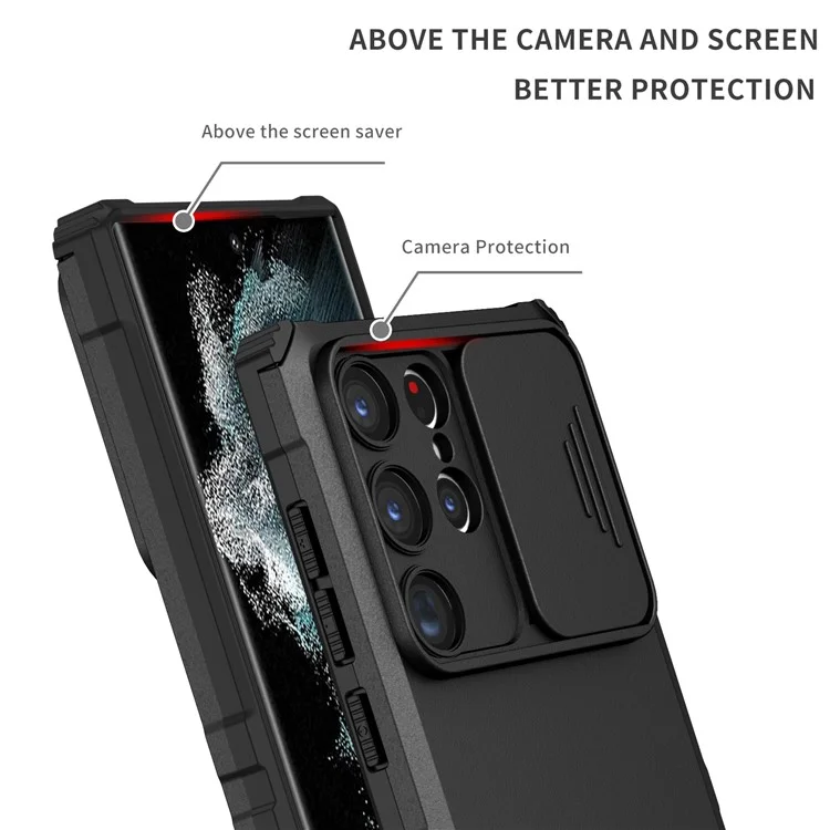 Für Samsung Galaxy S23 Ultra Slide Kamera Schutzausrüstung Kickstand Handyhülle PC + TPU Schutzhülle - Schwarz