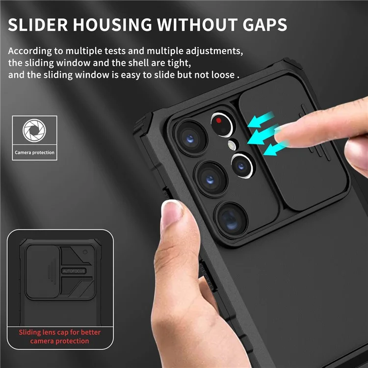 Für Samsung Galaxy S23 Ultra Slide Kamera Schutzausrüstung Kickstand Handyhülle PC + TPU Schutzhülle - Schwarz