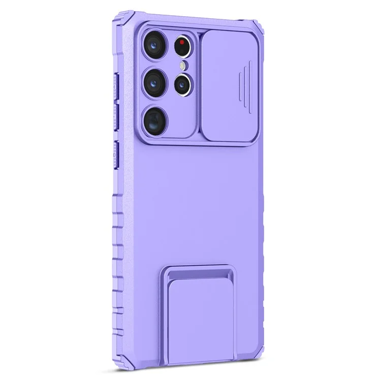 Pour Samsung Galaxy S23 Ultra Slide Camera Protection Kickstand Phone Case PC + TPU Protective Cover - Violet