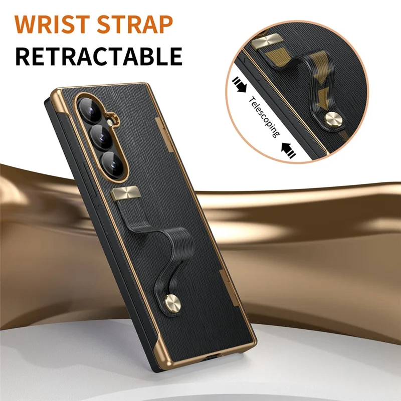 For Samsung Galaxy Z Fold8 Ultra Case Retractable Wrist Strap Kickstand Leather PC Case with Hinge Protection / Tempered Glass Flim - Black