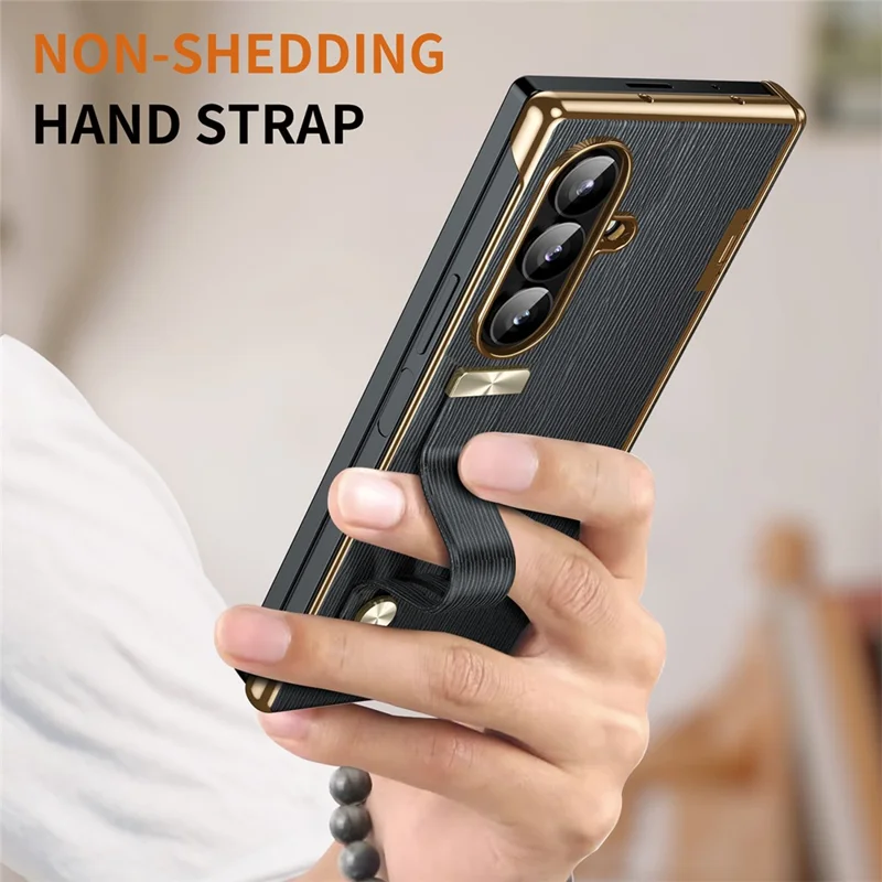 For Samsung Galaxy Z Fold8 Ultra Case Retractable Wrist Strap Kickstand Leather PC Case with Hinge Protection / Tempered Glass Flim - Black