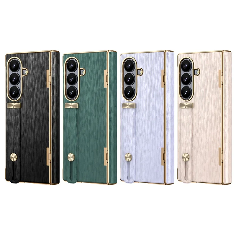 For Samsung Galaxy Z Fold8 Ultra Case Retractable Wrist Strap Kickstand Leather PC Case with Hinge Protection / Tempered Glass Flim - Black