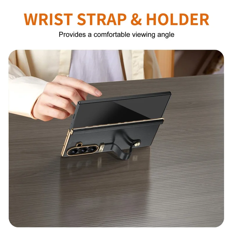 For Samsung Galaxy Z Fold7 5G Case Retractable Wrist Strap Kickstand Leather PC Case with Hinge Protection / Tempered Glass Flim - Black