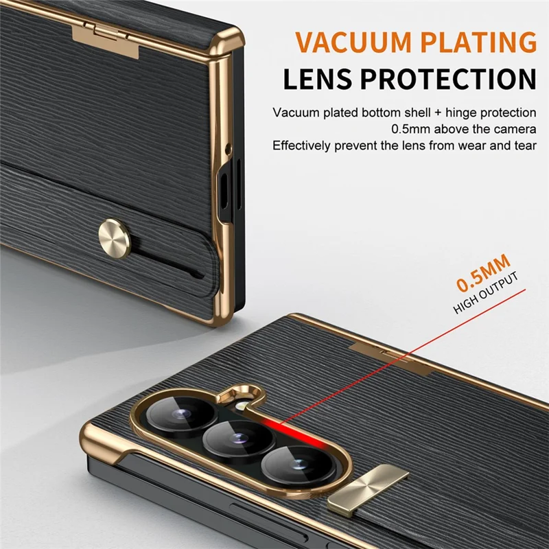 For Samsung Galaxy Z Fold7 5G Case Retractable Wrist Strap Kickstand Leather PC Case with Hinge Protection / Tempered Glass Flim - Black