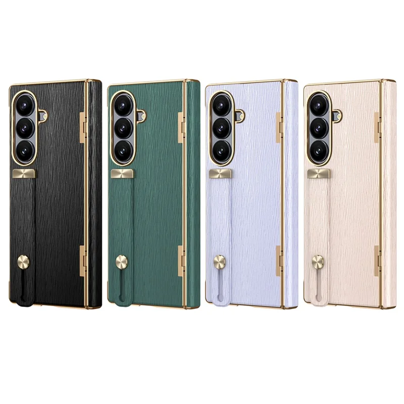 For Samsung Galaxy Z Fold7 5G Case Retractable Wrist Strap Kickstand Leather PC Case with Hinge Protection / Tempered Glass Flim - Black