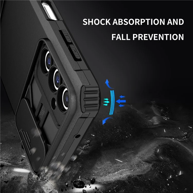 For Samsung Galaxy A14 5G / A14 4G Slide Camera Protection PC + TPU Phone Case Adjustable Kickstand Anti-Drop Cover - Black