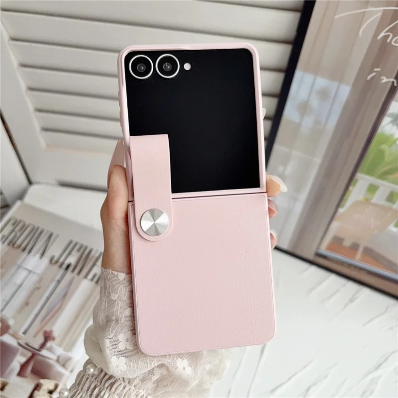 For Samsung Galaxy Z Flip8 Case PU Leather + PC Phone Cover with Grip Strap - Pink