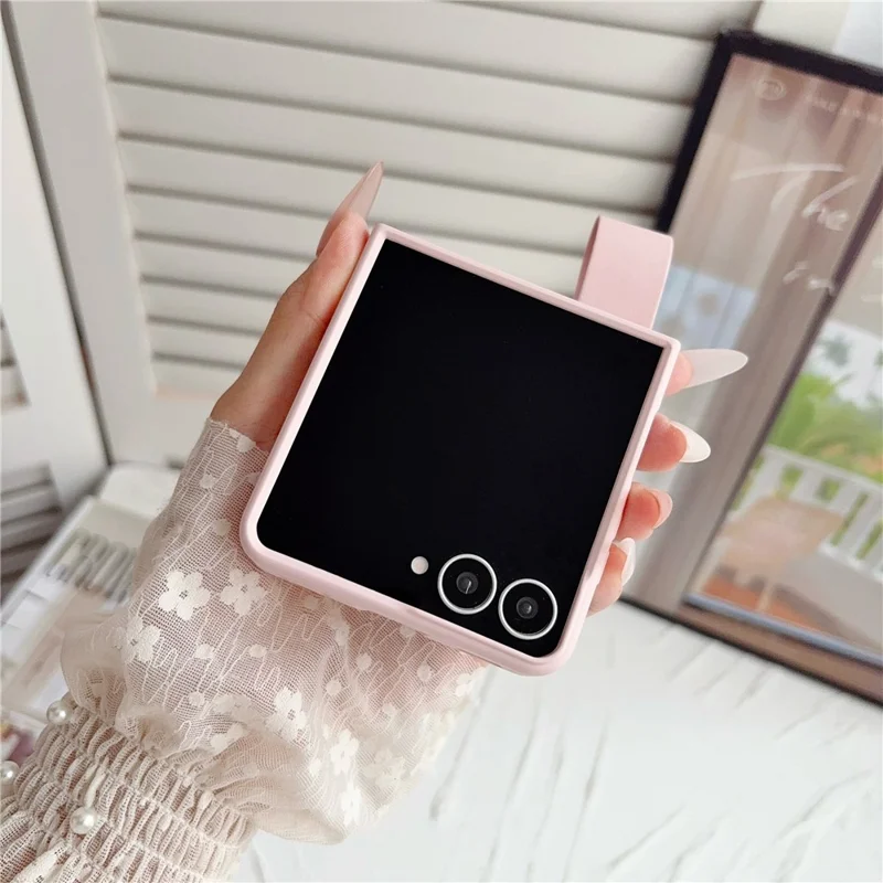 For Samsung Galaxy Z Flip8 Case PU Leather + PC Phone Cover with Grip Strap - Pink