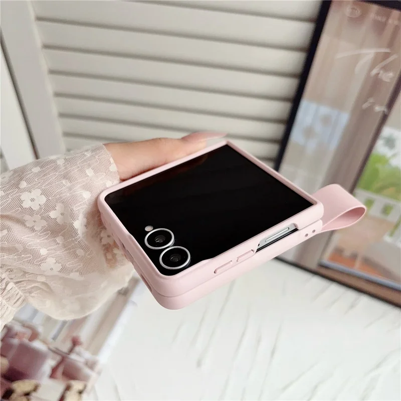 For Samsung Galaxy Z Flip8 Case PU Leather + PC Phone Cover with Grip Strap - Pink