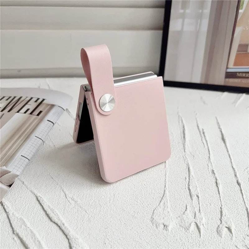 For Samsung Galaxy Z Flip8 Case PU Leather + PC Phone Cover with Grip Strap - Pink