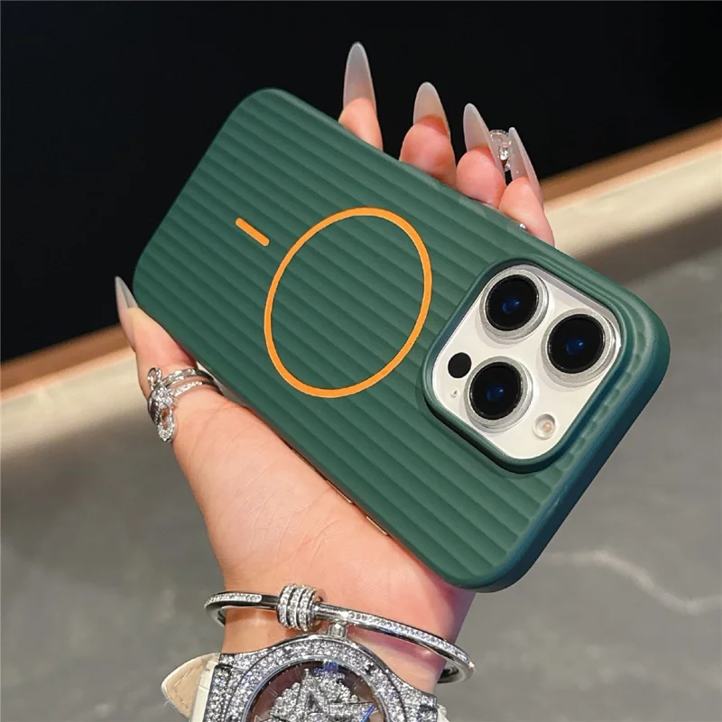 For iPhone 16 Pro Max Magnetic Case Corrugated Texture Hard PC Phone Protective Cover - Dark Green