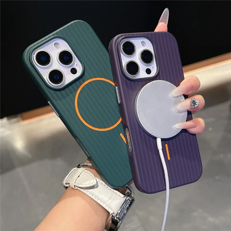 For iPhone 16 Pro Max Magnetic Case Corrugated Texture Hard PC Phone Protective Cover - Dark Green