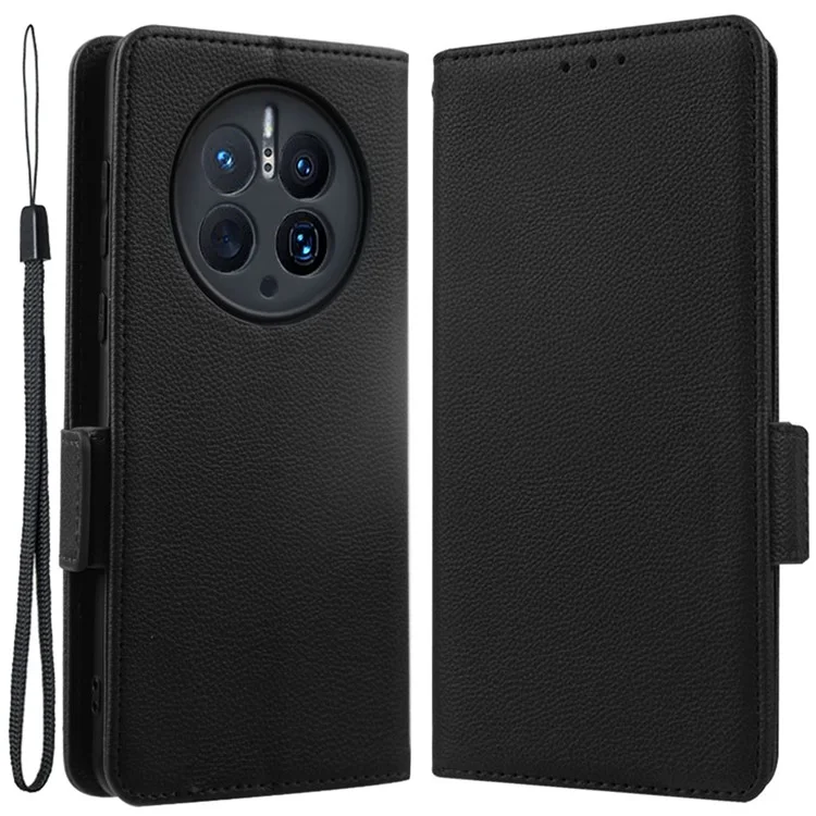 Для Huawei Mate 50 Pro 4G Магнитный чехол для телефона Текстура личи Бумажник Складной Подставка Кожаный чехол для телефона с ремешком - Черный