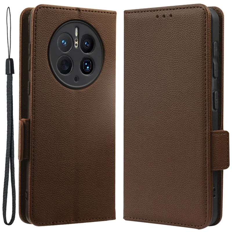For Huawei Mate 50 Pro 4G Magnetic Phone Cover Litchi Texture Wallet Foldable Stand PU Leather Flip Phone Case with Strap - Brown