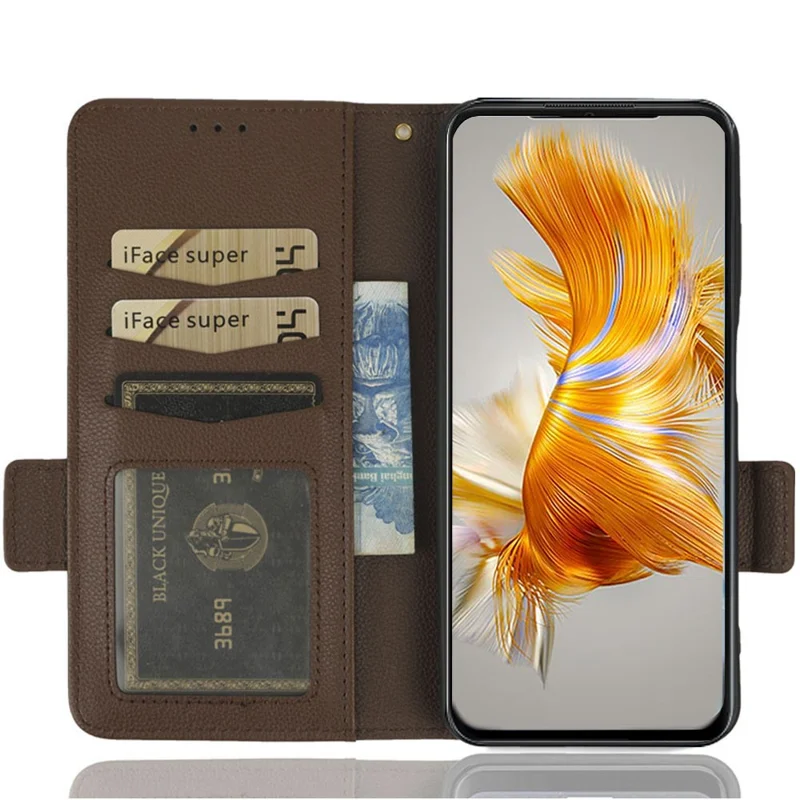 For Huawei Mate 50 Pro 4G Magnetic Phone Cover Litchi Texture Wallet Foldable Stand PU Leather Flip Phone Case with Strap - Brown