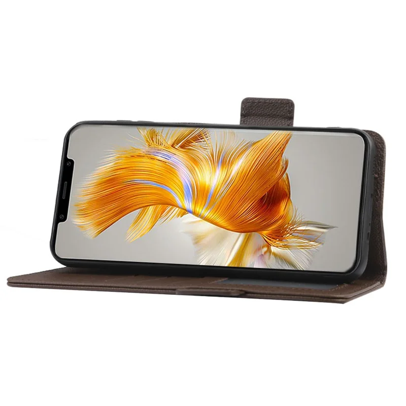For Huawei Mate 50 Pro 4G Magnetic Phone Cover Litchi Texture Wallet Foldable Stand PU Leather Flip Phone Case with Strap - Brown