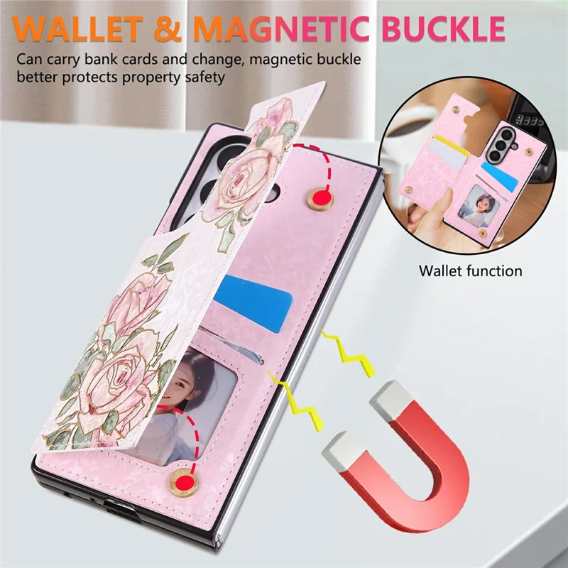 For Samsung Galaxy Z Fold8 Ultra Case Flower Leather TPU RFID Blocking Phone Cover Card Slots - Rose Flower