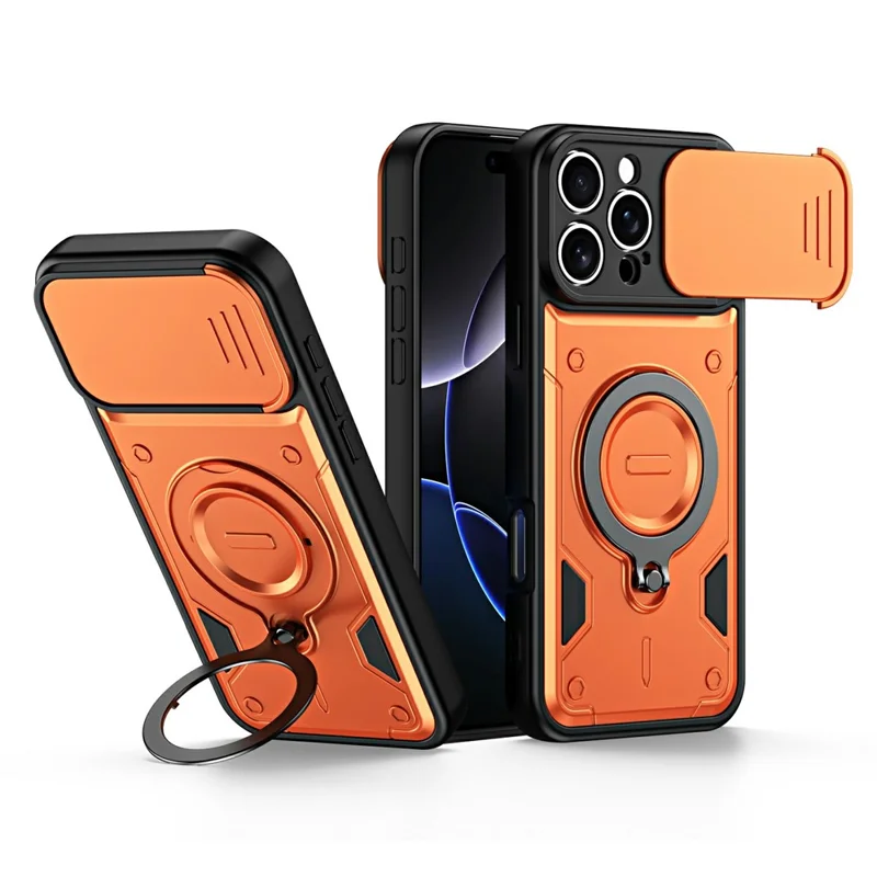 For iPhone 16 Pro Max Case with Slide Lens Cover Rotatable Kickstand Shockproof TPU + PC Phone Shell - Orange