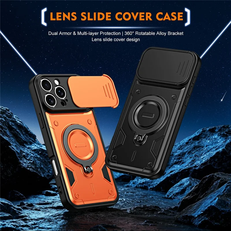 For iPhone 16 Pro Max Case with Slide Lens Cover Rotatable Kickstand Shockproof TPU + PC Phone Shell - Orange