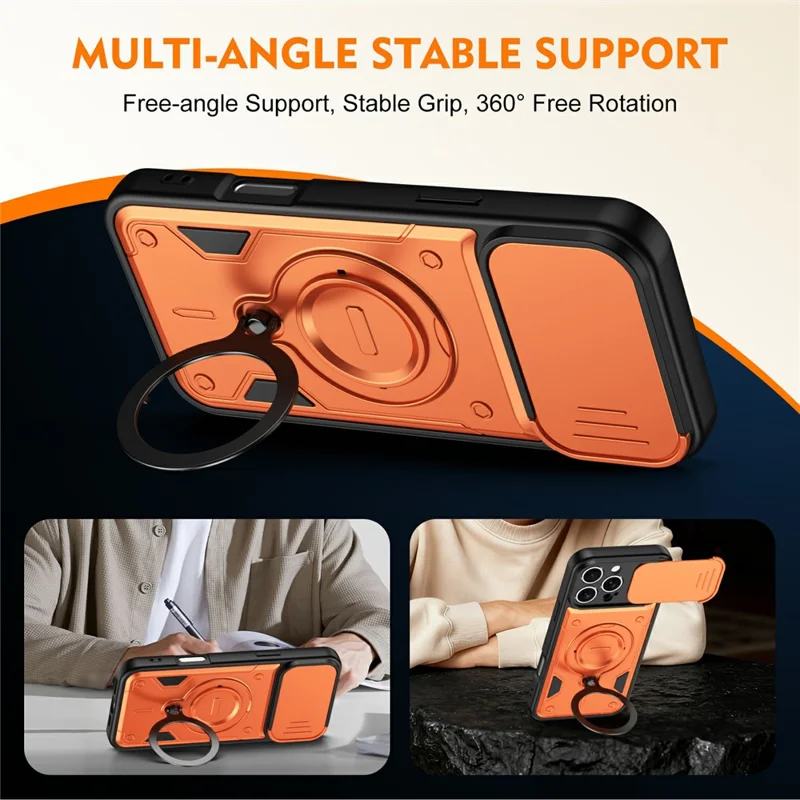 For iPhone 16 Pro Max Case with Slide Lens Cover Rotatable Kickstand Shockproof TPU + PC Phone Shell - Orange