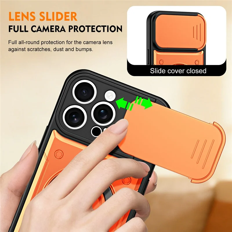 For iPhone 16 Pro Max Case with Slide Lens Cover Rotatable Kickstand Shockproof TPU + PC Phone Shell - Orange