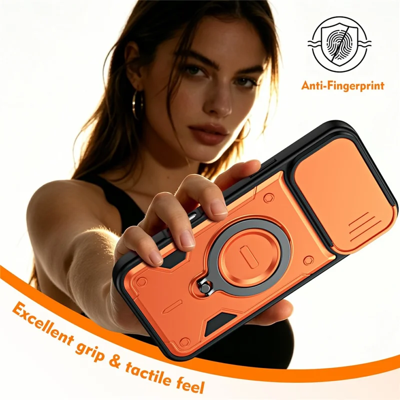 For iPhone 16 Pro Max Case with Slide Lens Cover Rotatable Kickstand Shockproof TPU + PC Phone Shell - Orange
