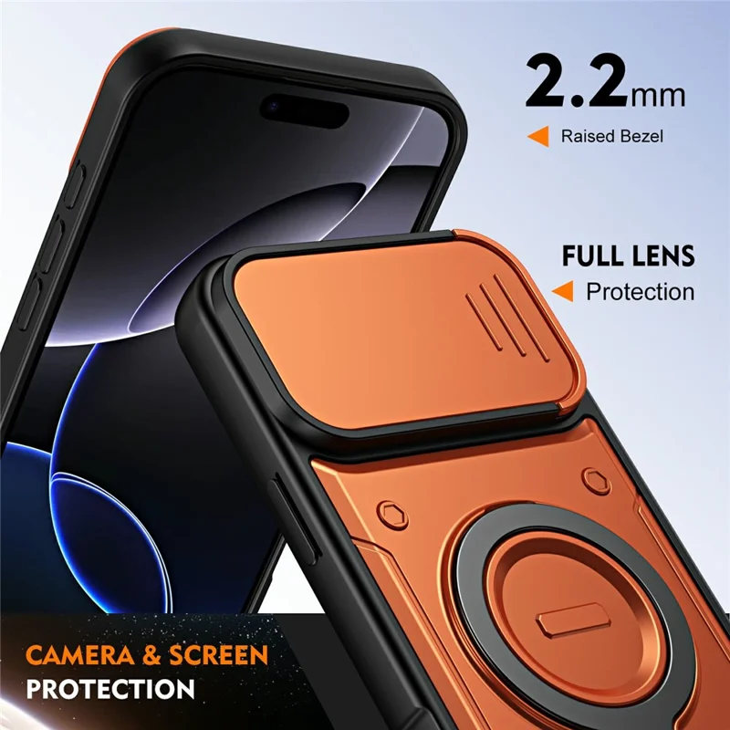 For iPhone 16 Pro Max Case with Slide Lens Cover Rotatable Kickstand Shockproof TPU + PC Phone Shell - Orange
