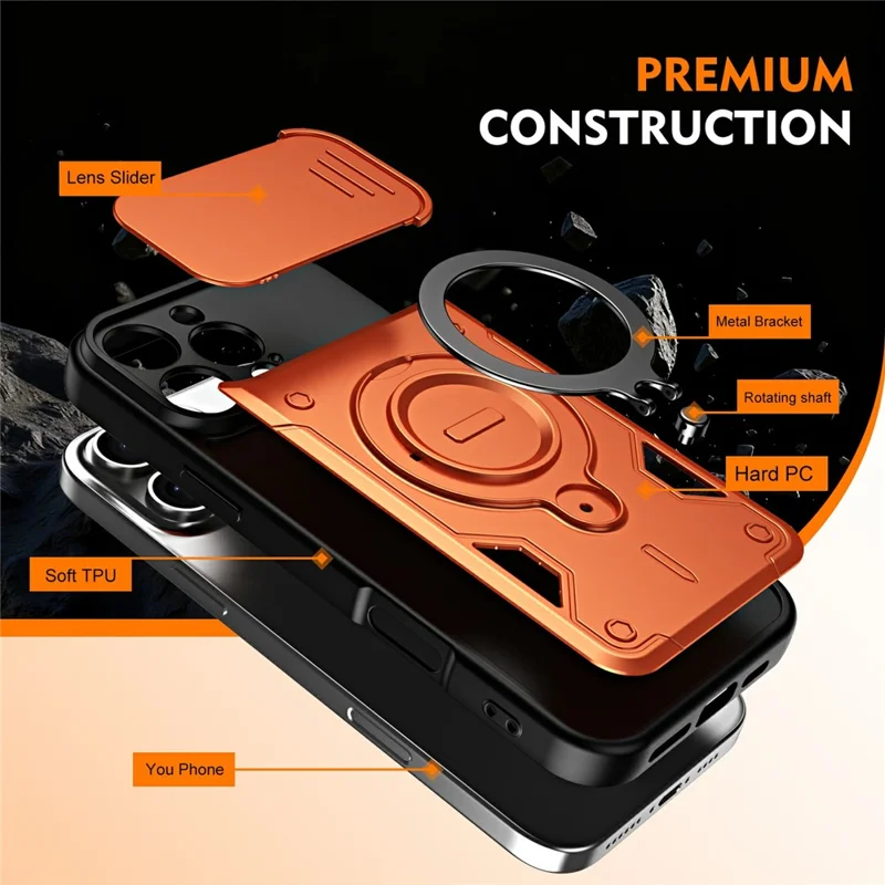 For iPhone 16 Pro Max Case with Slide Lens Cover Rotatable Kickstand Shockproof TPU + PC Phone Shell - Orange