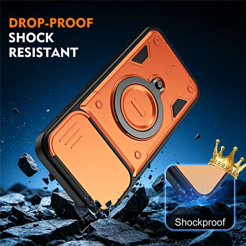 For iPhone 16 Pro Max Case with Slide Lens Cover Rotatable Kickstand Shockproof TPU + PC Phone Shell - Orange