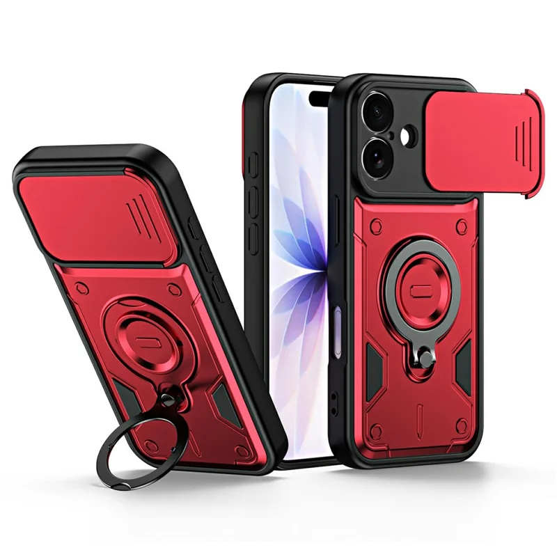 For iPhone 17 Case with Slide Lens Cover Rotatable Kickstand Shockproof TPU + PC Phone Shell - Red