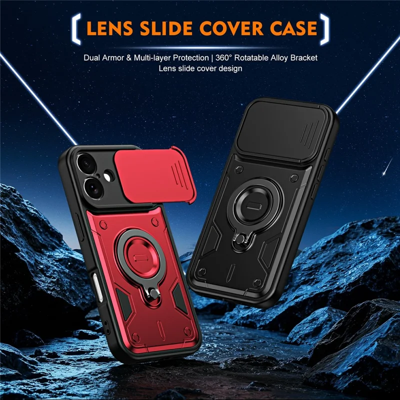 For iPhone 17 Case with Slide Lens Cover Rotatable Kickstand Shockproof TPU + PC Phone Shell - Red
