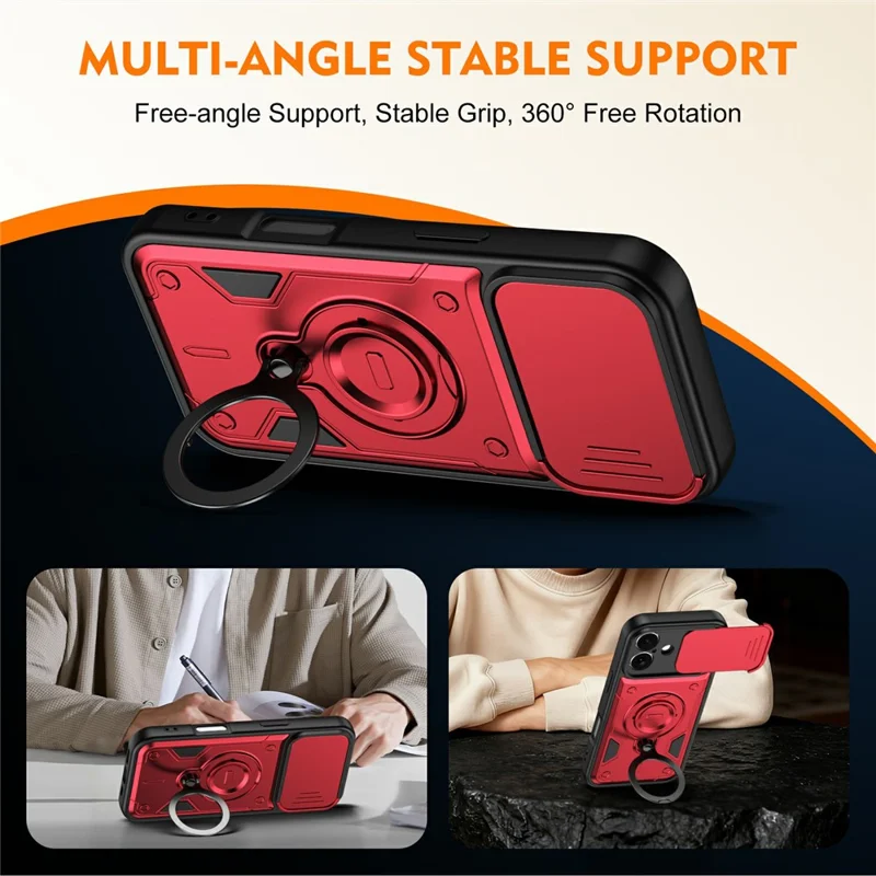 For iPhone 17 Case with Slide Lens Cover Rotatable Kickstand Shockproof TPU + PC Phone Shell - Red