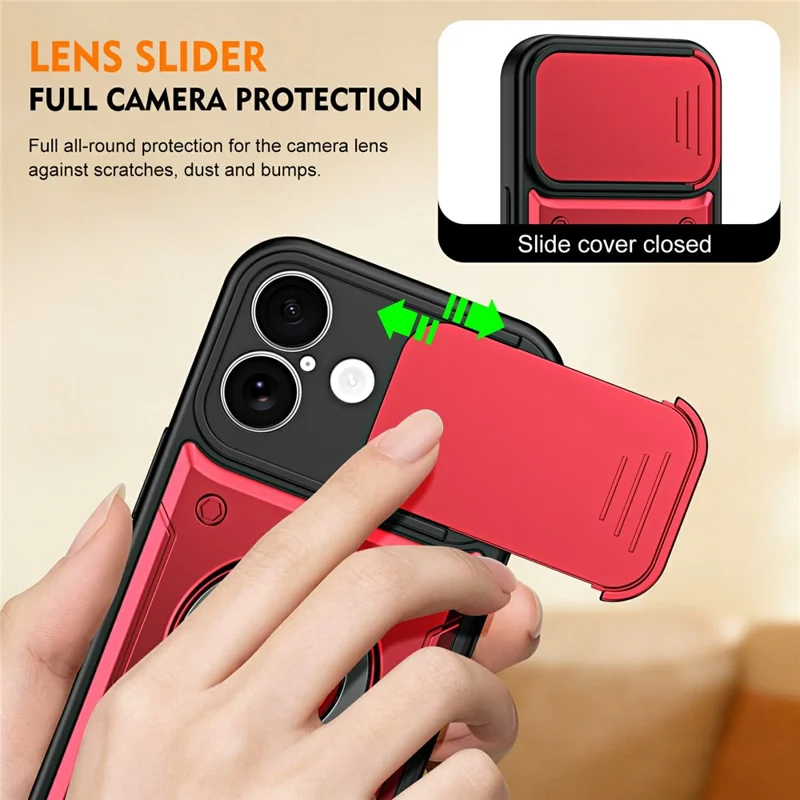 For iPhone 17 Case with Slide Lens Cover Rotatable Kickstand Shockproof TPU + PC Phone Shell - Red