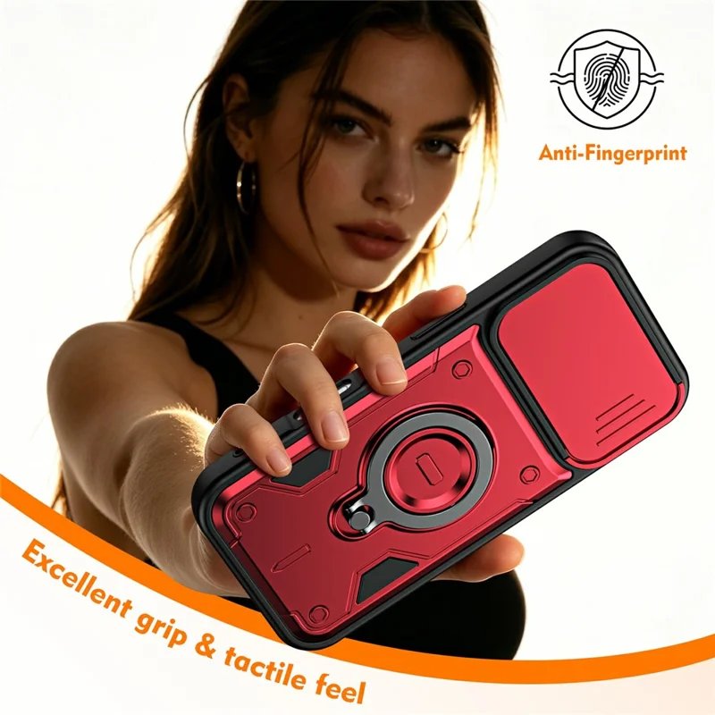 For iPhone 17 Case with Slide Lens Cover Rotatable Kickstand Shockproof TPU + PC Phone Shell - Red