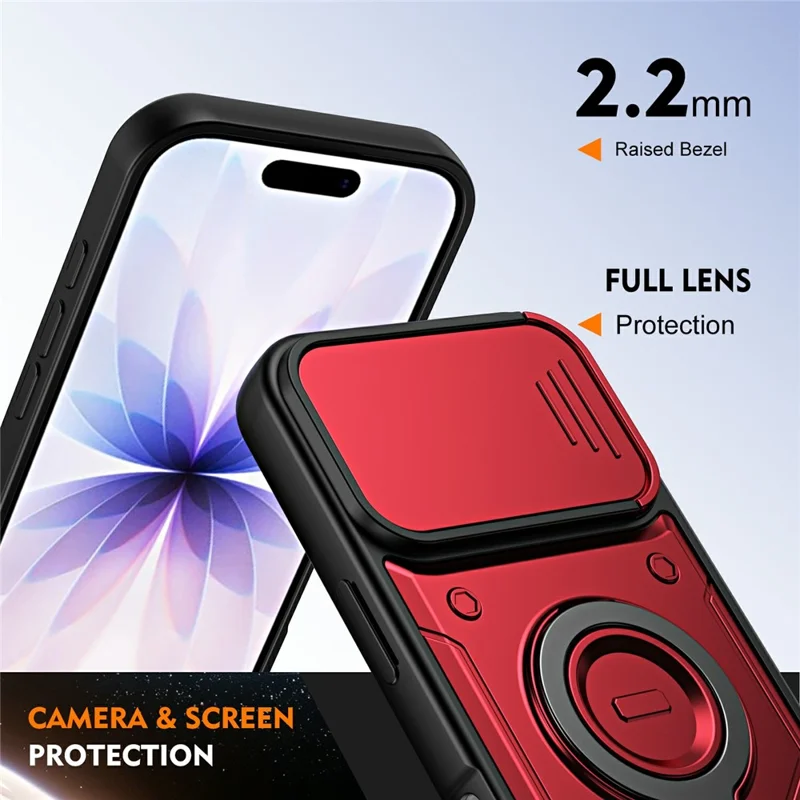 For iPhone 17 Case with Slide Lens Cover Rotatable Kickstand Shockproof TPU + PC Phone Shell - Red
