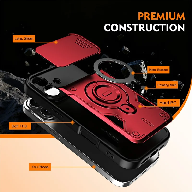 For iPhone 17 Case with Slide Lens Cover Rotatable Kickstand Shockproof TPU + PC Phone Shell - Red