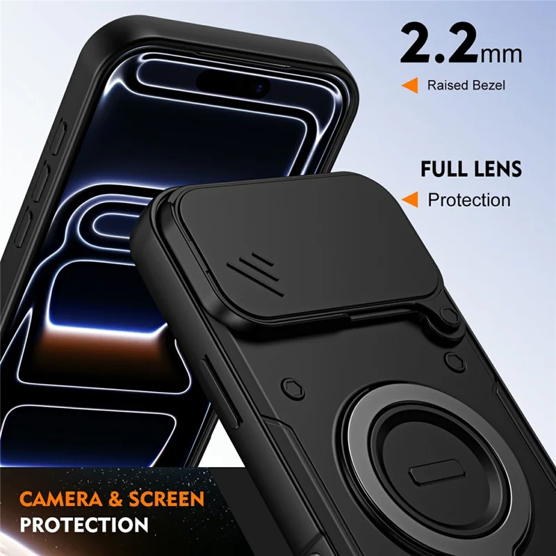 Чехол для iPhone 17 Pro Max с выдвижной крышкой объектива, поворотной подставкой, ударопрочный, из ТПУ + поликарбоната, черный