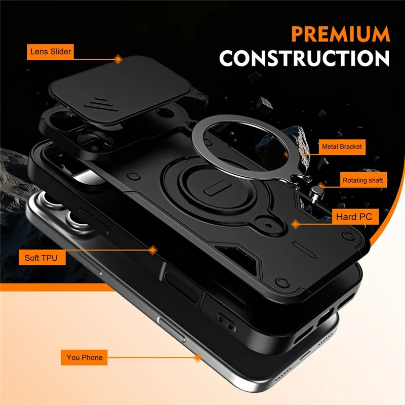 Чехол для iPhone 17 Pro Max с выдвижной крышкой объектива, поворотной подставкой, ударопрочный, из ТПУ + поликарбоната, черный
