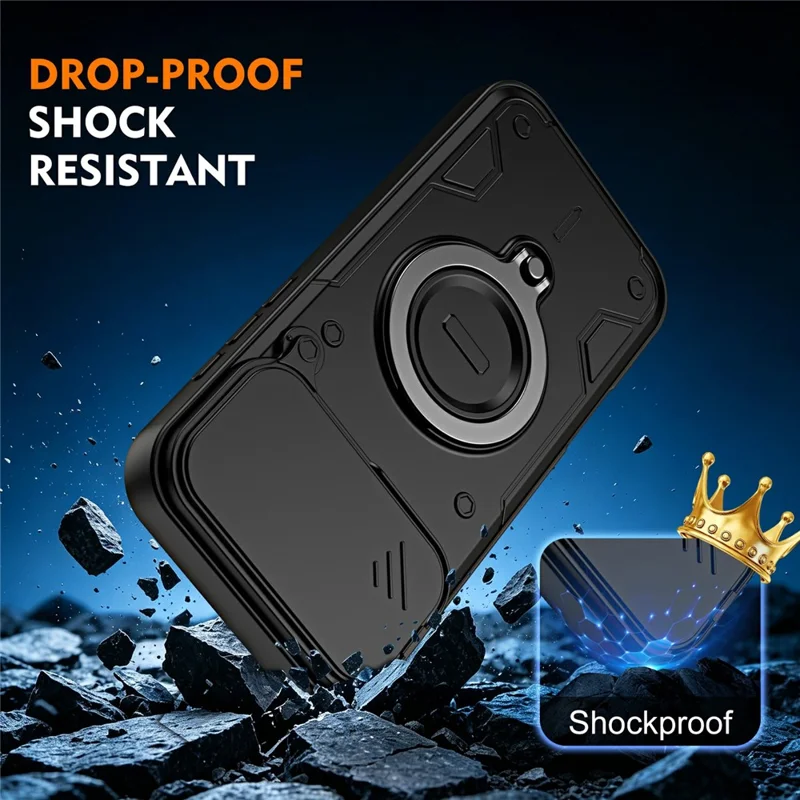Чехол для iPhone 17 Pro Max с выдвижной крышкой объектива, поворотной подставкой, ударопрочный, из ТПУ + поликарбоната, черный