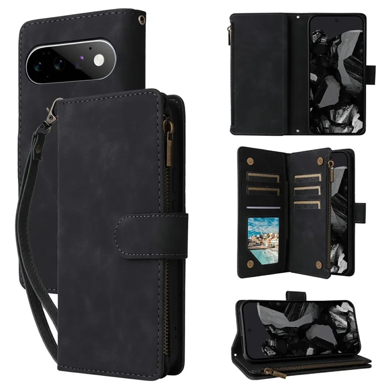 Funda tipo cartera con cremallera para Google Pixel 11 / Pixel 11 Pro, funda de cuero con múltiples ranuras para tarjetas y correa de mano - Negro