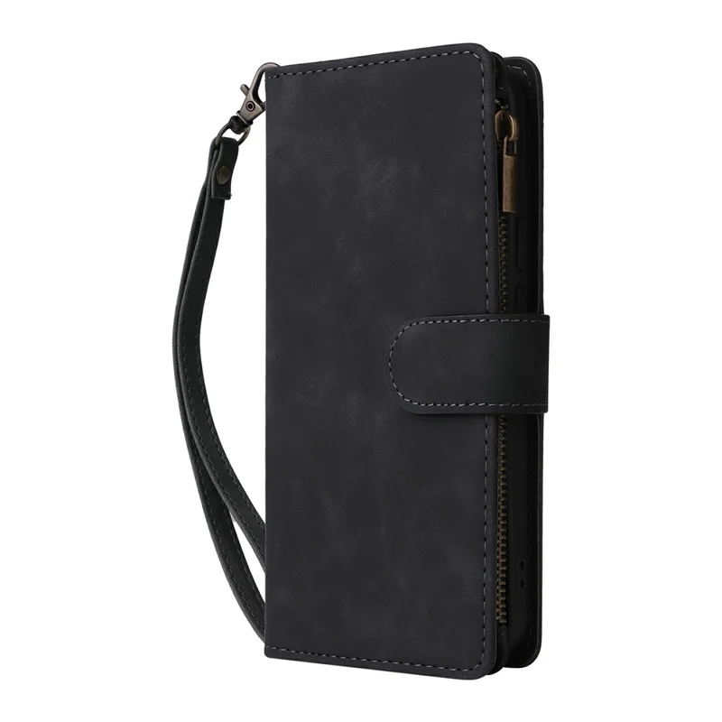 Funda tipo cartera con cremallera para Google Pixel 11 / Pixel 11 Pro, funda de cuero con múltiples ranuras para tarjetas y correa de mano - Negro