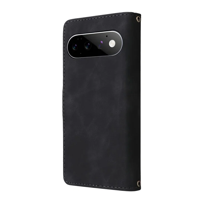 Funda tipo cartera con cremallera para Google Pixel 11 / Pixel 11 Pro, funda de cuero con múltiples ranuras para tarjetas y correa de mano - Negro