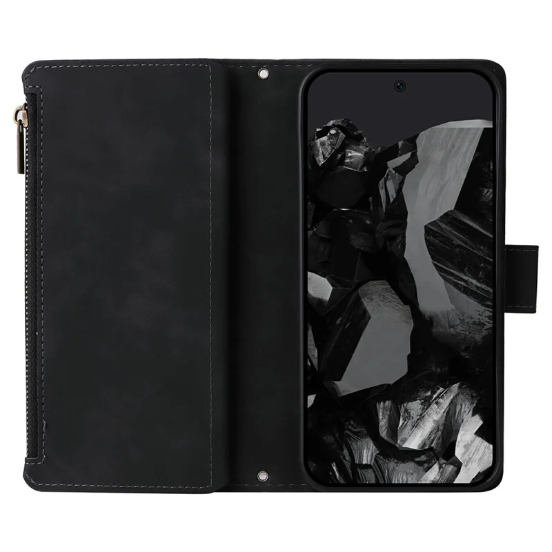 Til Google Pixel 11 Pro XL Case med lynlåsewallet, flere kortfelter, læderdæksel med håndbøjle - Sort