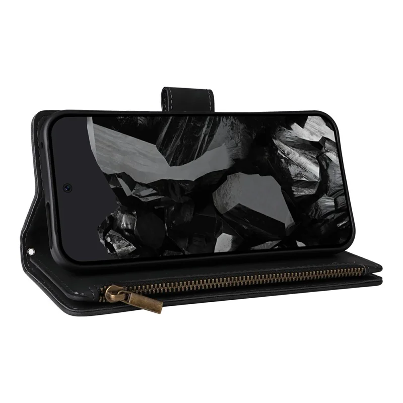 Til Google Pixel 11 Pro XL Case med lynlåsewallet, flere kortfelter, læderdæksel med håndbøjle - Sort