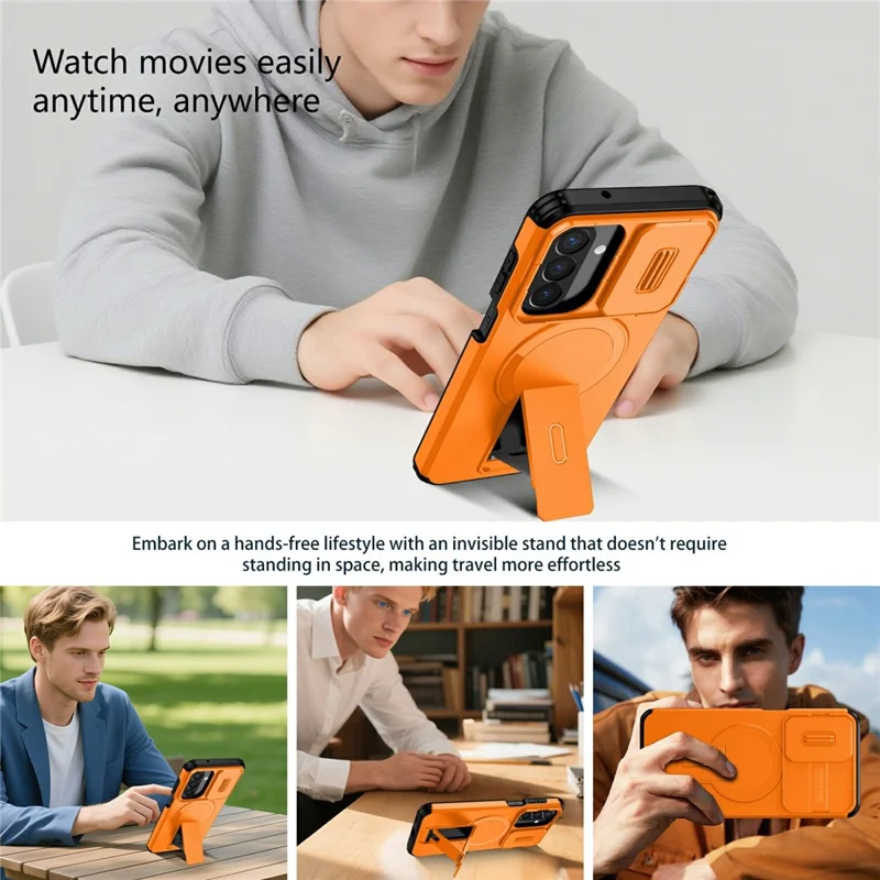 Capa Magnética com Suporte e Câmara Deslizante para Samsung Galaxy A27 5G, Capa para Telemóvel em PC + TPU - Laranja