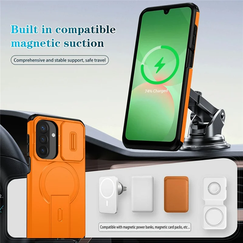 Capa Magnética com Suporte e Câmara Deslizante para Samsung Galaxy A27 5G, Capa para Telemóvel em PC + TPU - Laranja