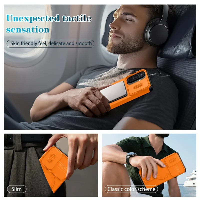 Capa Magnética com Suporte e Câmara Deslizante para Samsung Galaxy A27 5G, Capa para Telemóvel em PC + TPU - Laranja